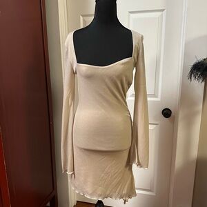 Princess Polly Cream Bodycon Dress with Bell Sleeves and Sweetheart Neckline